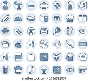 Blue tint and shade editable vector line icon set - spoon and fork vector, cafe, tea, wine, plate, coffee, waiter, cook, dish, restaurant table, hat, card, menu, reserved, drink, cocktail, beer, ham