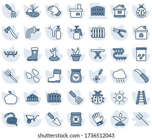 Blue tint and shade editable vector line icon set - trowel vector, garden fork, farm, fence, ladder, seedling, wheelbarrow, watering, sproute, pruner, glove, boot, lady bug, house, sun, rain, hose