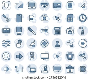 Tinta azul y sombra editable conjunto de iconos de línea vectorial - vector antena, tarjeta de crédito, portátil inalámbrico, satélite, sello, flecha derecha, horquilla de jardín, reloj, código de barras, control remoto, pantalla táctil, monitor