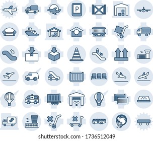 Blue tint and shade editable vector line icon set - departure vector, arrival, airport bus, escalator, waiting area, border cone, plane, globe, building, taxi, parking sign, down, trap truck, moving