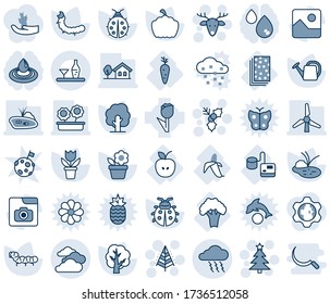 Blue tint and shade editable vector line icon set - clouds vector, storm, christmas tree, deer, holly, flower in pot, watering can, lady bug, pumpkin, caterpillar, pond, apple, tonometer, carrot