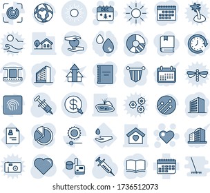 Blue tint and shade editable vector line icon set - sun vector, heart, christmas calendar, office building, book, pennant, circle chart, syringe, hand, patient card, tonometer, drop, term, network