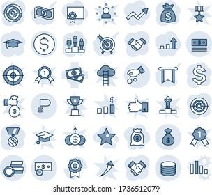 Blue tint and shade editable vector line icon set - dollar sign vector, pedestal, medal, graduate, money bag, cash, sertificate, ruble, coin, investment, target, handshake, star, pennon, certificate