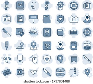 Blue tint and shade editable vector line icon set - parking vector, suitcase, no computer sign, identity, dog, pen, stamp, plant label, heart shield, first aid room, navigation, pin, fragile, hook