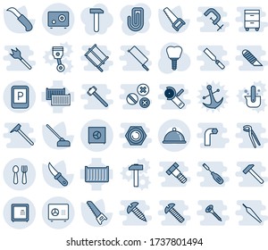 Blue tint and shade editable vector line icon set - parking sign vector, spoon and fork, safe, saw, hoe, garden knife, implant, cargo container, paper clip, dish, work, anchor, piston, hammer, mason