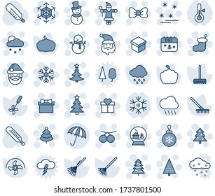 Blue tint and shade editable vector line icon set - umbrella vector, christmas tree, gift, bow, santa claus, sock, ball, snowflake, snowfall, snowman, calendar, snowball house, sale, rowanberry