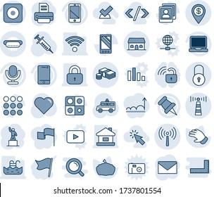 Blue tint and shade editable vector line icon set - antenna vector, lock, mail, pedestal, printer, glove, pumpkin, heart, syringe, ambulance car, microphone, cell phone, laptop pc, paper pin, mobile
