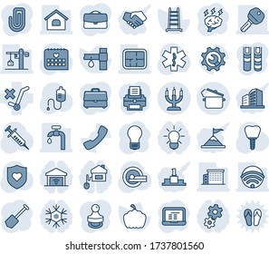 Blue tint and shade editable vector line icon set - notebook pc vector, brainstorm, bulb, job, ladder, pumpkin, drip irrigation, syringe, dropper, tomography, ambulance star, heart shield, implant
