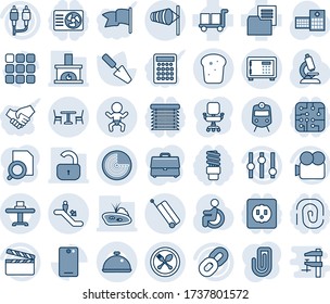 Blue tint and shade editable vector line icon set - suitcase vector, spoon and fork, cafe, train, escalator, baby, wind, radar, safe, trowel, microscope, disabled, hospital, folder document, cargo