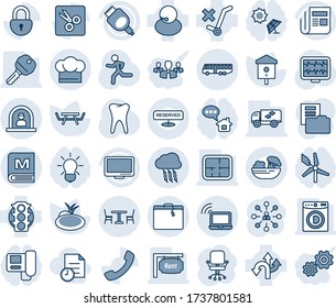Blue tint and shade editable vector line icon set - suitcase vector, airport bus, cafe, wireless notebook, reception, storm cloud, hierarchy, office chair, pond, picnic table, bird house, run, tooth