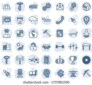 Blue tint and shade editable vector line icon set - runway vector, antenna, bomb in case, boarding passengers, office chair, tie, brainstorm, greenhouse, caterpillar, barbell, x ray, cargo, vinyl