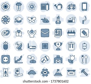 Blue Tint And Shade Editable Vector Line Icon Set - Spoon And Fork Vector, Trash Bin, Airport Building, Sun, Gift, Christmas Mobile, Phone, Speaking Man, Gear, Graduate, Document, Watering Can, Mail