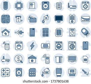 Blue tint and shade editable vector line icon set - washer vector, calculator, monitor, speaker, phone back, sim, atm, money click, smart home, credit card, control, chip, remote, router, usb flash
