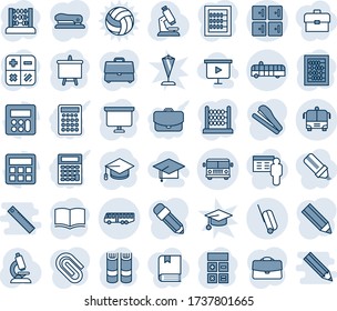 Blue tint and shade editable vector line icon set - airport bus vector, checkroom, suitcase, book, calculator, graduate, abacus, presentation board, microscope, case, paper clip, pencil, stapler