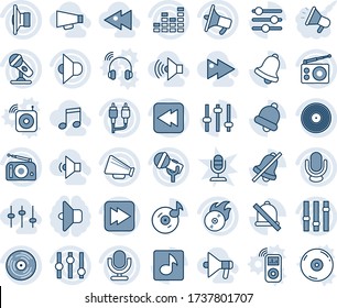 Blue tint and shade editable vector line icon set - vinyl vector, flame disk, microphone, radio, speaker, loudspeaker, settings, equalizer, fast forward, rewind, rca, tuning, bell, mute, music, low