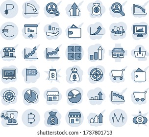Blue tint and shade editable vector line icon set - checkroom vector, duty free, growth statistic, money bag, crisis graph, store, euro, bitcoin, ruble, monero, monitor statistics, pie, hr, target