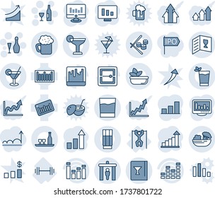 Blue tint and shade editable vector line icon set - security gate vector, wine, growth statistic, monitor, barbell, pull ups, barcode, equalizer, scanner, statistics, bar graph, alcohol, card, drink