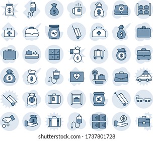 Blue tint and shade editable vector line icon set - suitcase vector, baggage conveyor, luggage storage, scales, checkroom, truck, room, case, money bag, fertilizer, doctor, dropper, first aid kit
