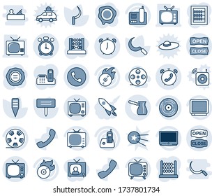 Blue tint and shade editable vector line icon set - alarm clock vector, phone, tv, abacus, stamp, sickle, plant label, reel, vinyl, flame disk, radio, call, office, open close, turkish coffee, news