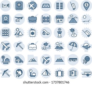 Blue tint and shade editable vector line icon set - plane vector, taxi, airport bus, umbrella, passport, ladder car, helicopter, seat map, luggage storage, scales, globe, tower, runway, suitcase