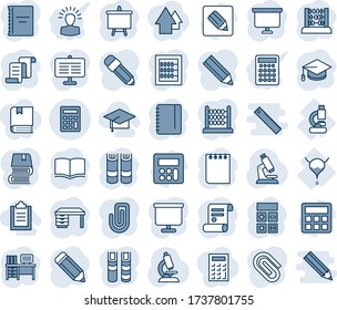 Blue tint and shade editable vector line icon set - contract vector, book, calculator, graduate, abacus, desk, notepad, presentation board, pencil, microscope, lab, bladder, notes, copybook, hat