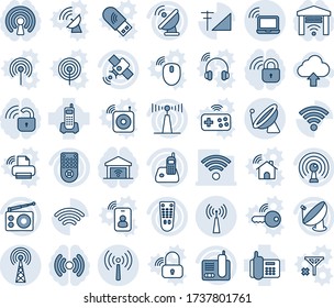 Blue tint and shade editable vector line icon set - antenna vector, satellite, wireless notebook, office phone, radio, remote control, cellular signal, upload cloud, lock, garage gate, mouse, home