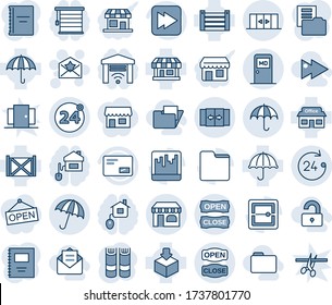 Blue tint and shade editable vector line icon set - 24 around vector, automatic door, umbrella, shop, medical room, hours, doors, insurance, star letter, book, store, container, package, mail
