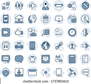 Blue tint and shade editable vector line icon set - trash bin vector, speaking man, navigation, earth, shield, satellite, cell phone, fast forward, message, update, mail, data exchange, download