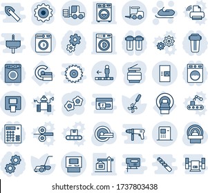Blue tint and shade editable vector line icon set - washer vector, fork loader, coffee machine, travolator, snowmobile, gear, lawn mower, ripper, tomography, mri, atm, copier, crane, water filter