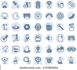 Blue tint and shade editable vector line icon set - pennant vector, statistic monitor, water drop, bench, dropper, hospital building, counter, lemon slice, onion, traffic light, low battery, themes