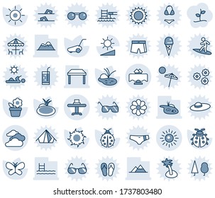 Blue tint and shade editable vector line icon set - sun vector, clouds, flower in pot, lawn mower, butterfly, lady bug, pond, brightness, pool, mountains, table, restaurant, sproute, sunglasses