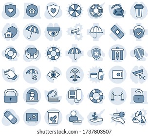Blue tint and shade editable vector line icon set - fence vector, security gate, umbrella, trash bin, plane radar, officer window, glove, hose, patch, heart shield, hand, medical, lock, eye id, safe