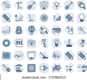 Blue tint and shade editable vector line icon set - right arrow vector, trap truck, small plane, santa sleigh, bulb, job, pencil, shovel, rake, well, bladder, weight, satellite, hdmi, fingerprint id