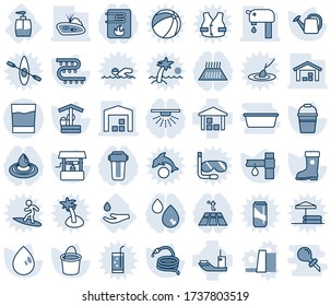 Blue tint and shade editable vector line icon set - watering can vector, bucket, boot, water drop, well, hose, drip irrigation, hand, liquid soap, sea shipping, warehouse, pond, supply, drink, palm