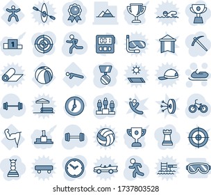 Blue tint and shade editable vector line icon set - snowmobile vector, pedestal, medal, barbell, bike, run, power hand, push ups, gymnastics, basketball ball, clock, stopwatch, target, mountains