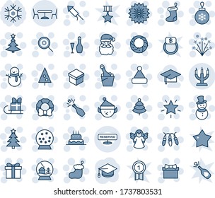 Blue tint and shade editable vector line icon set - cafe vector, christmas tree, firework, gift, santa claus, sock, ball, garland, star, snowman, lollipop, hat, rocket, wreath, cake, wine, champagne