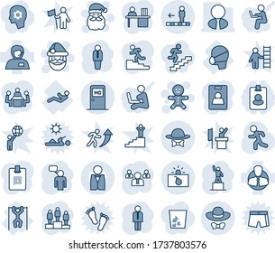 Blue tint and shade editable vector line icon set - medical room vector, travolator, terrorism, santa claus, cake man, manager, speaking, pedestal, team, run, pull ups, abdominal muscles, mask, desk