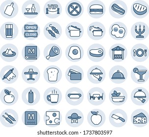 Blue tint and shade editable vector line icon set - dish vector, alcohol, restaurant table, serviette, cafe, menu, drink, cocktail, coffee, salad, bacon, waiter, bread, candle, vip zone, dress code