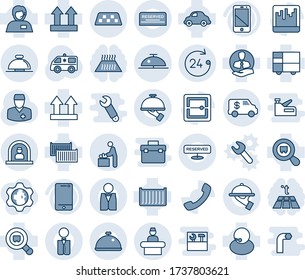 Blue tint and shade editable vector line icon set - taxi vector, reception bell, 24 hours, client, baby room, ambulance car, doctor, support, cargo container, delivery, consolidated, up side sign