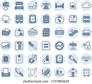Blauer Farbton und Farbton editierbare Vektorgrafik-Zeichensatz - Start-und Landebahn-Vektor, Satellitenantenne, Rolltreppe, Rauchen, Wegweiser, Bombe für den Fall, bis, Schild, Zeichen-Post, Identitätskarte, Buch, Stift, Dokument, Nachladen, Sieben