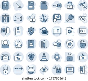 Blue tint and shade editable vector line icon set - fence vector, security gate, bomb in case, border cone, safe, lock, barrier, metal detector, terrorism, hose, protect, sd, face id, eye, stamp
