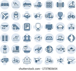 Blue tint and shade editable vector line icon set - plane vector, taxi, arrival, parking, waiting area, alarm car, fork loader, ladder, helicopter, seat map, airport building, tower, bus, train