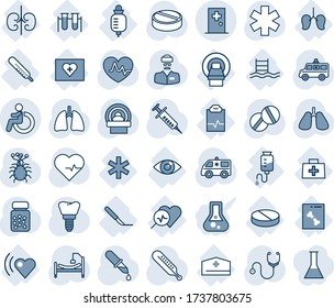 Blue tint and shade editable vector line icon set - disabled vector, first aid room, heart pulse, stethoscope, syringe, dropper, thermometer, pills, bottle, tomography, ambulance star, car, lungs