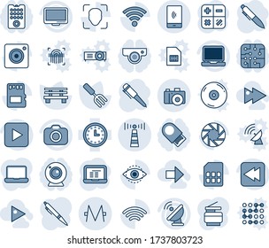 Blue tint and shade editable vector line icon set - antenna vector, camera, calculator, pen, notebook pc, garden fork, bench, clock, satellite, monitor, laptop, play button, rewind, mobile, sd, sim