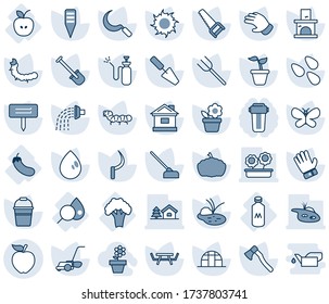 Blue tint and shade editable vector line icon set - flower in pot vector, trowel, shovel, farm fork, seedling, bucket, watering, glove, saw, lawn mower, butterfly, house, water drop, sun, hoe, axe