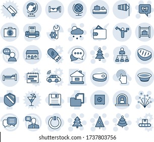 Blue tint and shade editable vector line icon set - dispatcher vector, baggage conveyor, reception, globe, bed, hotel, side wind, room, christmas tree, snowfall, firework, bow message, hierarchy