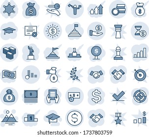 Blue tint and shade editable vector line icon set - dispatcher vector, mountains, handshake, dollar sign, pedestal, graduate, money bag, document, coin, cash, big, sun, investment, account history
