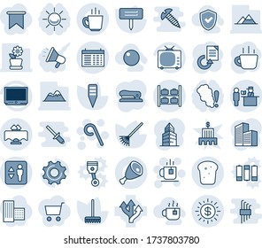 Blue tint and shade editable vector line icon set - elevator vector, luggage storage, passport control, schedule, lollipop, tea, coffee, document reload, rake, plant label, route, tv, settings, ham