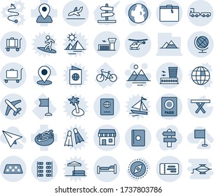 Blue tint and shade editable vector line icon set - taxi vector, suitcase, baggage trolley, ticket, passport, bed, helicopter, airport building, plane, arrival, globe, duty free, truck, seats, bike