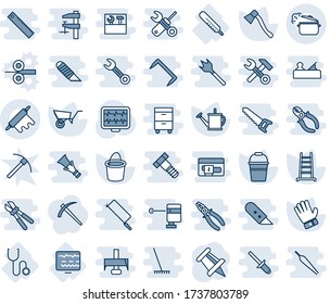 Blue tint and shade editable vector line icon set - drawing pin vector, ladder, watering can, wheelbarrow, bucket, glove, axe, monitor pulse, diagnostic, stethoscope, thermometer, rolling, job, rock